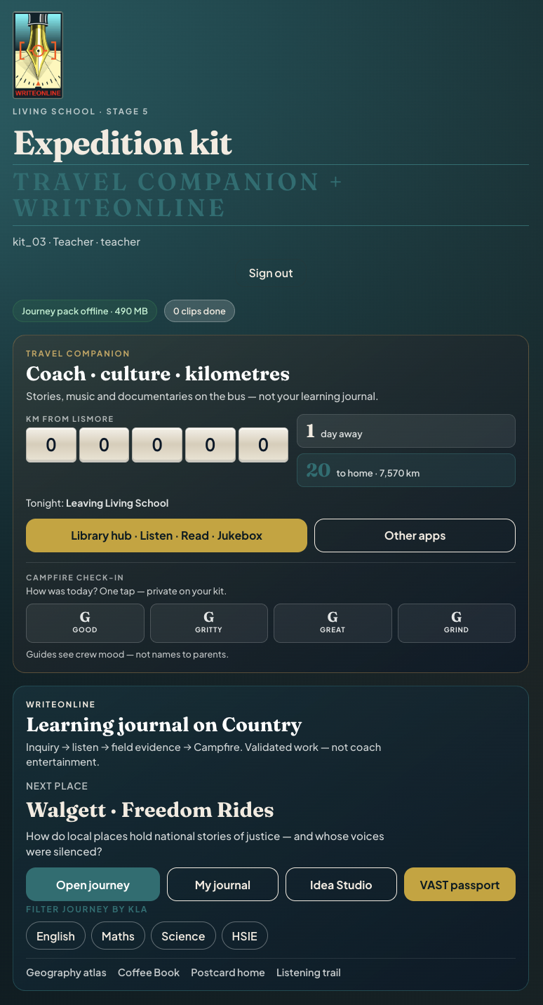 Writeonline home screen showing next stop and main tools